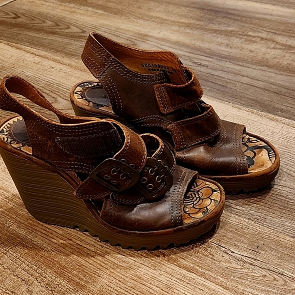 Fly London Brown Leather Wedge Sandals